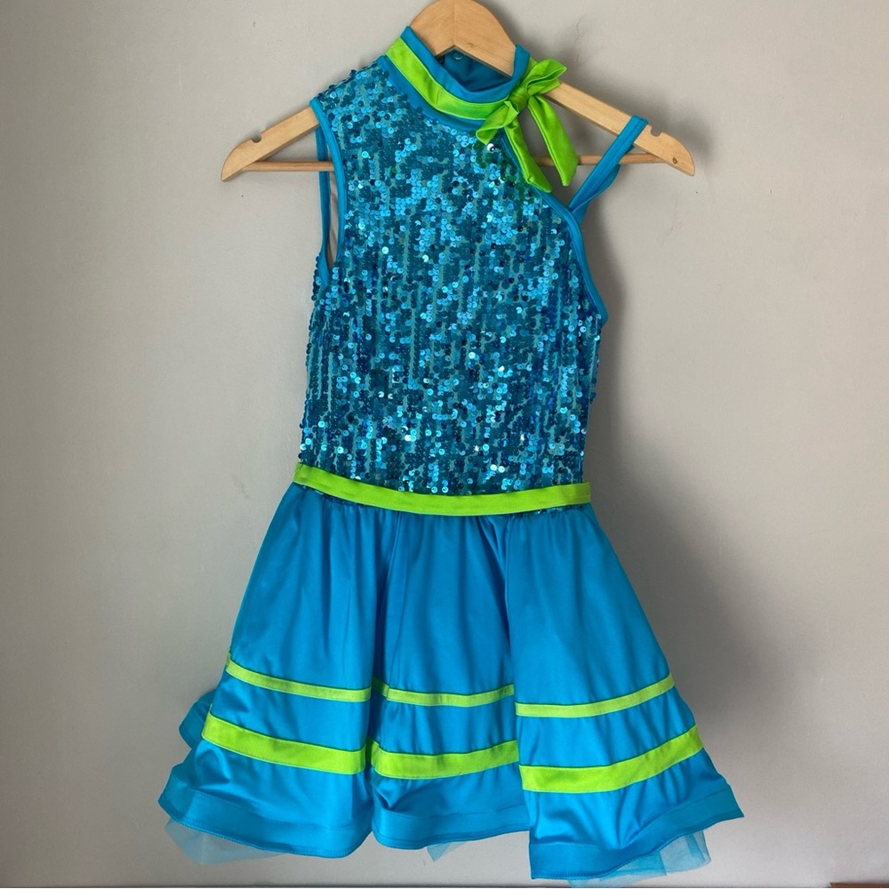 Sparkling Blue and Green girls Wissman Dance Costume size LC